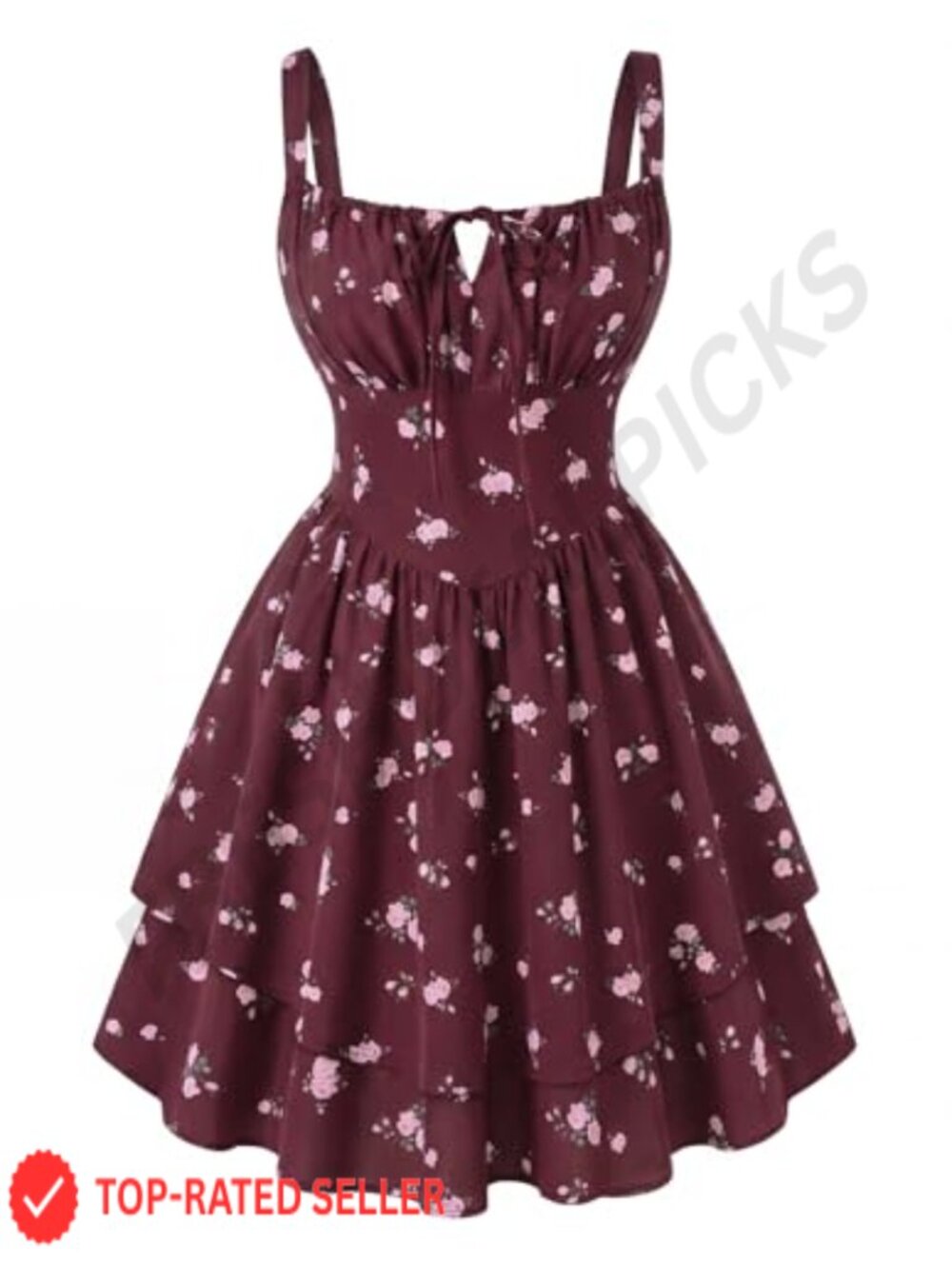 Floral Corset Mini Dress with Pockets, Ruched Bust, Tiered Ruffle Hem, A-Line